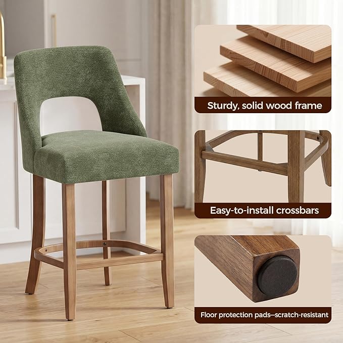 UVV Bar Stools Set of 4, Upholstered Counter Height Bar Stools, Modern Counter Stools with Wood Legs for Kitchen Island Dining Room Bar, Green