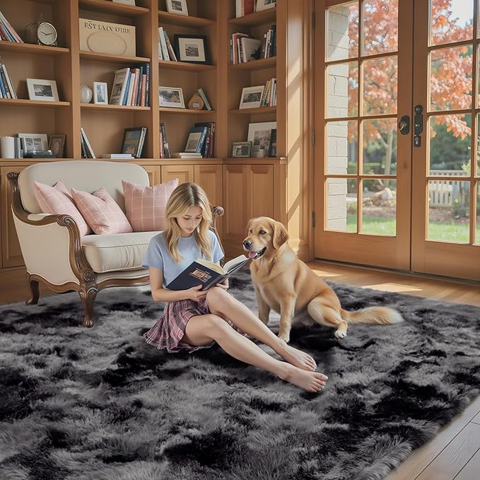 Area Rugs 10x14 Living Room, Shaggy Carpet Soft Plush Furry Bedside Rug Large Area Rugs for Bedroom Kids Girls Boys Home Decor Anti Slip(10 x 14, Dark Grey Tie-Dyed)