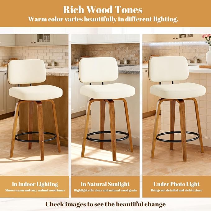 Counter Height Bar Stools Set of 1, 26+inch Swivel Faux Leather Barstool with Back, Upholstered Mid-Century Modern Bar Chairs with Bent Wood Legs for Kitchen Counter, Dining Room, Cream White
