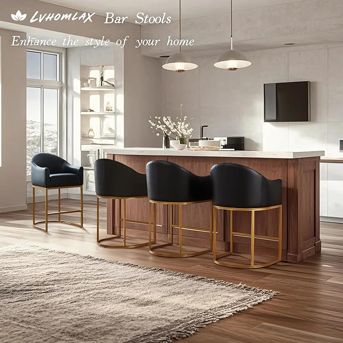 Counter Height Bar Stools Set of 4,Modern Counter Height Bar Stools,PU Leather Upholstered Barrel Barstools with Backs,26'' Kitchen Island Chairs,Metal Gold Frames,Ink Black Leather