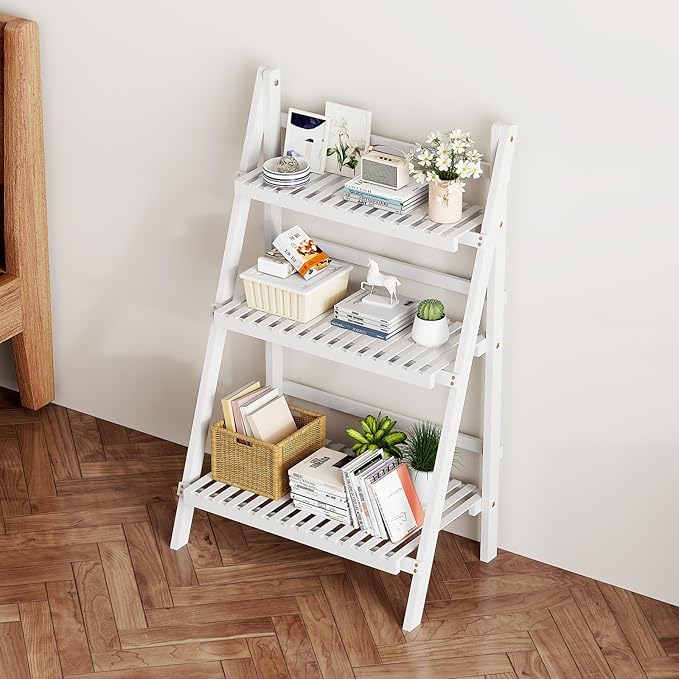 oakvivo Bamboo Bookshelf 3-Tier Ladder Shelf, 39.4” Freestanding Open Bookcase Book Shelf Bathroom Storage Shelf Unit Plant Stand for Small Space, Living Room, Bedroom, Home Office, White