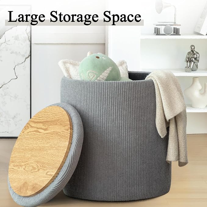 YSICK Round Ottoman with Storage, Set of 2, Small Vanity Stool as Vanity Chair, Corduroy Ottoman Foot Rest for Small Space, Living Room, Bedroom, Grey