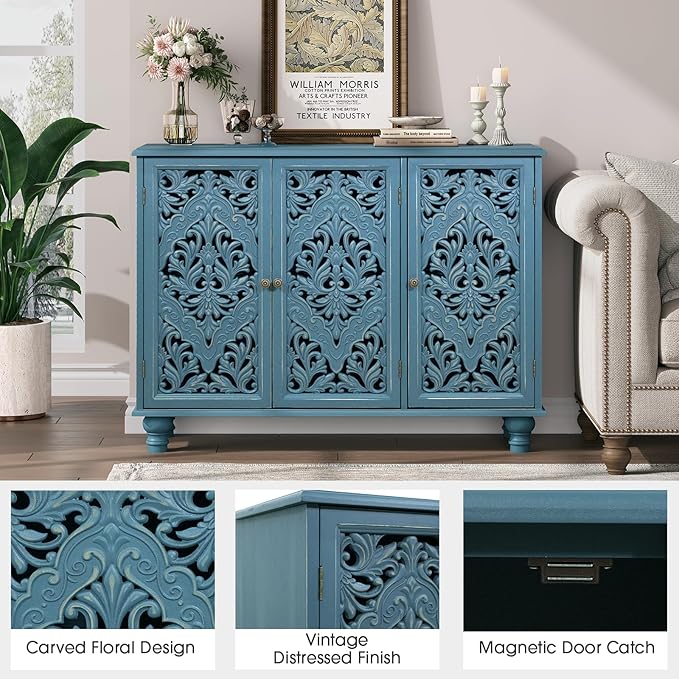 JOINICE Accent Cabinet with 3 Carved Doors, Distressed Blue Sideboard Buffet with Storage & Solid Wood Legs, 43" Vintage Console Table for Living Room, Entryway, Coffee Bar, Hallway