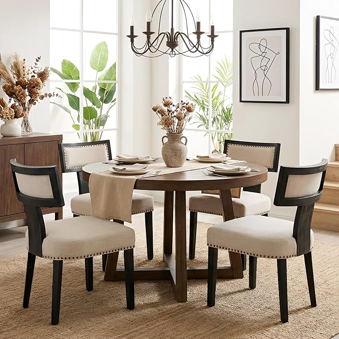 HNY Mid Century Modern Dining Chairs Set of 6, Farmhouse Linen Fabric Upholstered Accent Chairs Curved Nailhead Trim Backrest Kitchen Chairs, with Black Hardwood Frame, Beige