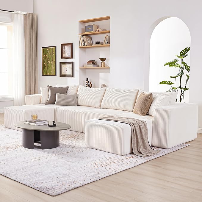 Weture 135.4" Cloud Couch Sectional, Modular Sectional Sofa with Deep Seat, Plush Corduroy U Shaped Boneless Couch, Convertible Sectional Couches for Living Room, 6Seat, Beige