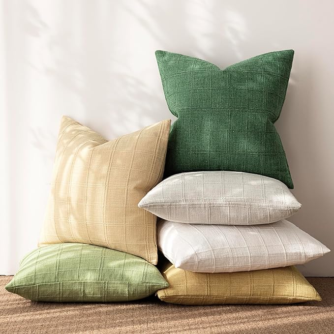 Foindtower Set of 2 Decorative Linen Check Throw Pillow Covers Neutral Farmhouse Vintage Cushion Covers Modern Boho Accent Home Decor for Sofa Chair Couch Bedroom Living Room,26×26 Inch,Forest Green