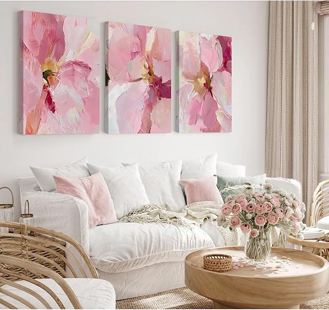 Abstract Floral Wall Art Pink Flower Canvas Pictures Modern Wall Decor Blush Pastel Pink Prints Peony Painting Minimalist Poster Botanical Artwork for Bedroom Living Room 16x24x3 Inch Ready to Hang