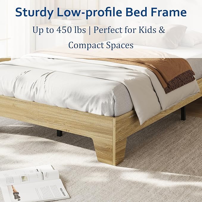 GarveeHome Twin Size Platform Bed Frame, Minimalist Wood Bed Frame No Headboard Needed, Sturdy Low Profile Bed with Natural Wood Grain, Noise-Free & Easy Assembly