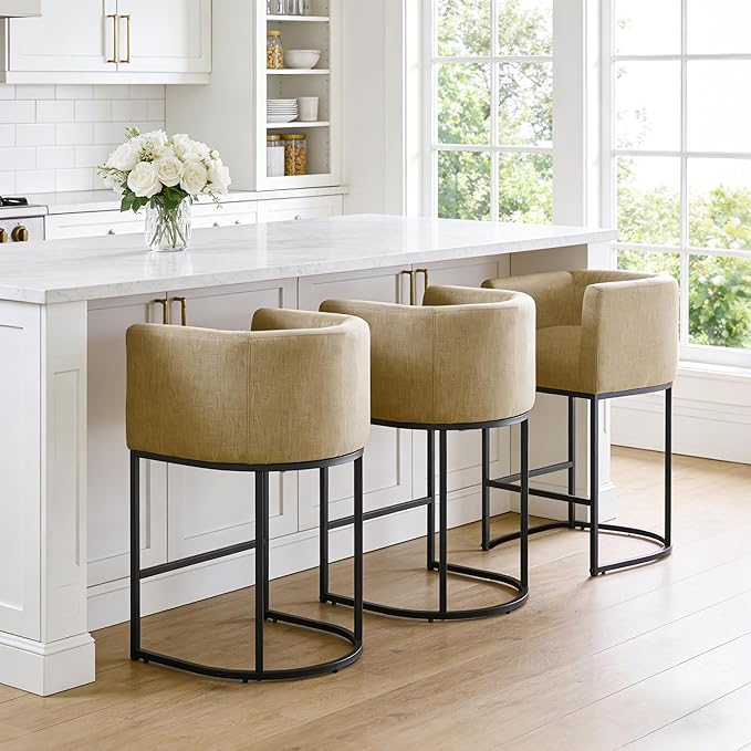 ClinQ 26" H Counter Height Bar Stools Set of 3, Modern Barrel Counter Stools with Backrest and Arms, Black Metal Frames, Linen Fabric Upholstered Accent Barstools for Kitchen Island, Camel