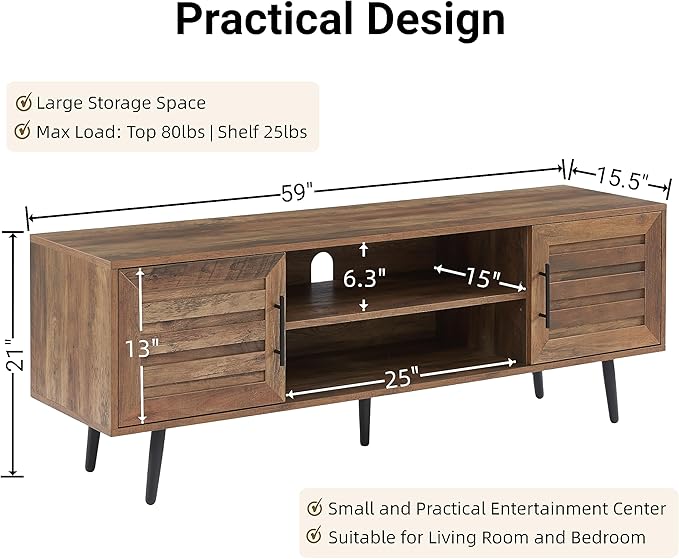 EDYO LIVING 65" Mid Century Modern TV Stand, Wood TV Stand with Storage Cabinet and Open Shelf for Televisions up to 65", Entertainment Center, TV Console Table for Living Room, Rustic Oak