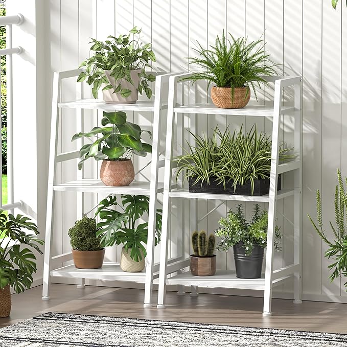 3-Tier Bookshelf, Ladder Shelf, Stand Up Shelves, Industrial Bookcase with Steel Frame, Metal Small Bookcase, for Living Room, Home Office, Kitchen, Bedroom, Industrial Style（White）