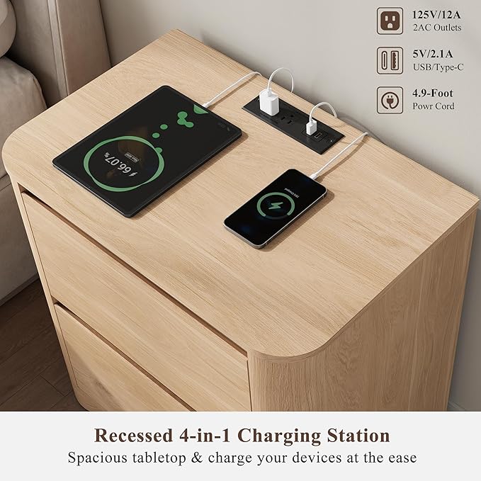 Nightstands Set of 2 with Charging Station, 23.6" Modern Night Stand with Unique Thickened Foot and 2 Storage Drawers, Bedside Table with Rounded Corner Design for Bedroom, Natural