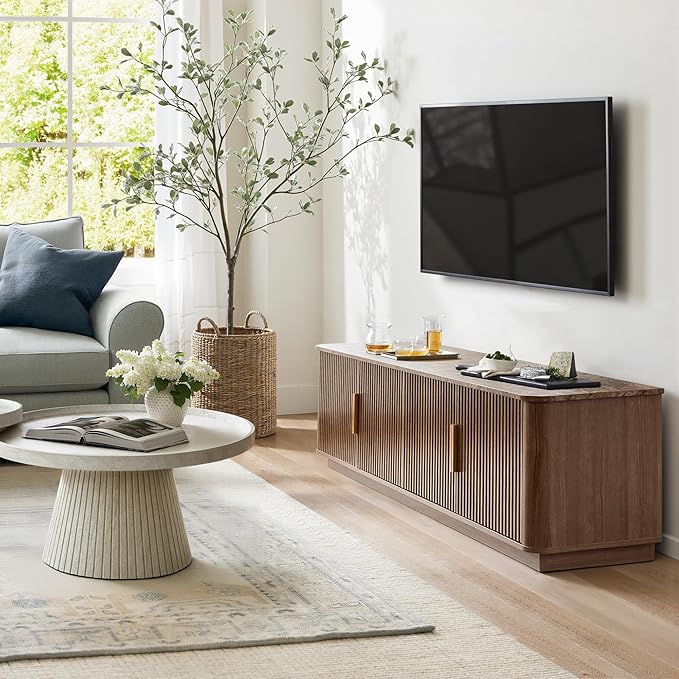 win2win 71" TV Stand for 80 Inch TV, Mid Century Modern Fluted Entertainment Center with Faux Marble Top, Curved Corners, Minimalist Media Console with Storage for Living Room Bedroom, Walnut