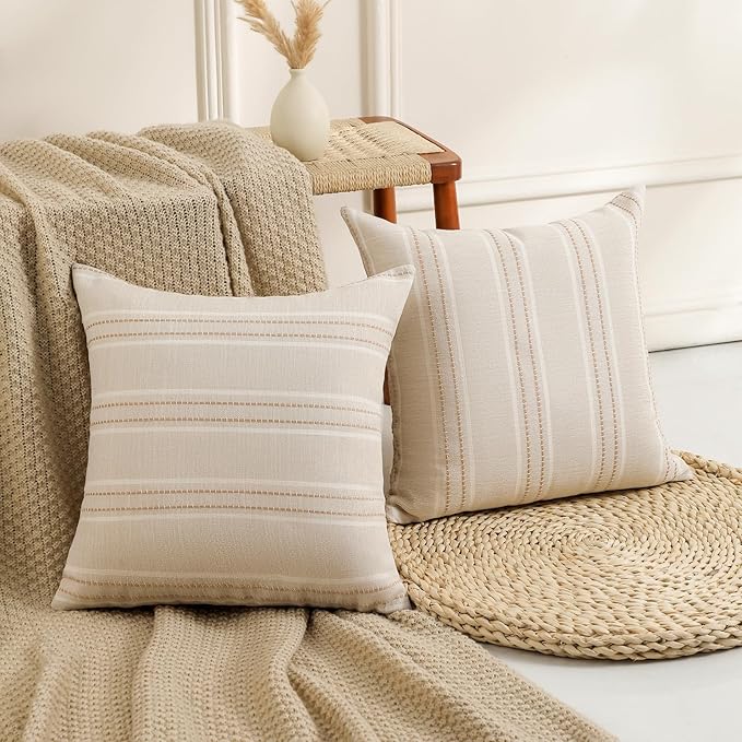 Hckot Hand Made Decorative Khaki Pillow Covers 18x18 Striped Throw Pillows Textured Linen Pillow Covers Farmhouse Decor Cushion Covers for Couch Bed Living Room, Khaki