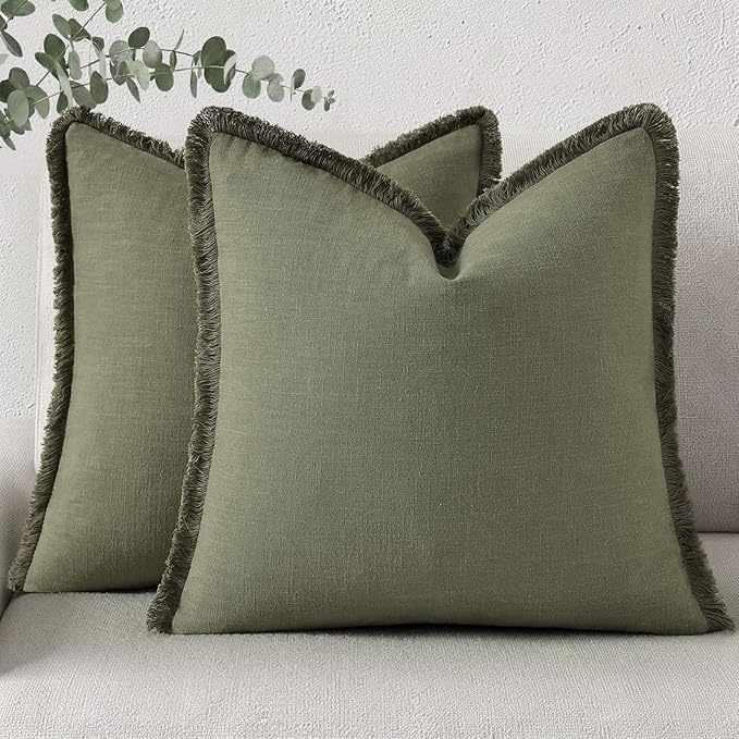 decorUhome Summer Decorative Neutral Linen Fringe Euro Sham Throw Pillow Covers Set of 2 Olive Green Pillow Covers with Tassels Soft Farmhouse Boho Accent Pillow Cases for Couch Bed Sofa 22x22 Inch