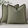 decorUhome Summer Decorative Neutral Linen Fringe Throw Pillow Covers Set of 2 Olive Green Pillow Covers with Tassels Soft Farmhouse Boho Accent Pillow Cases for Couch Bed Sofa 18x18 Inch