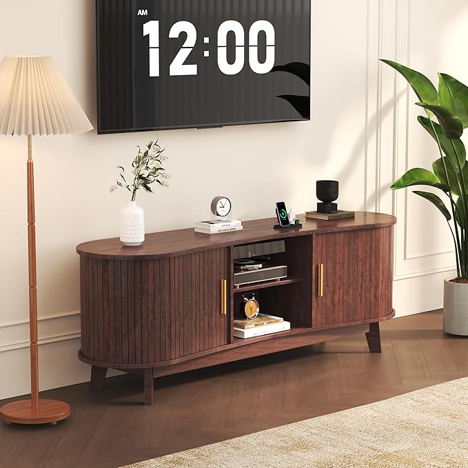 Mid Century Modern TV Stand for 65 Inch TVs, Fluted TV Stands with Open Shelves and Sliding Door, Media Cabinet with Power Outlet, Entertainment Center with Storage for Living Room, Red Brown