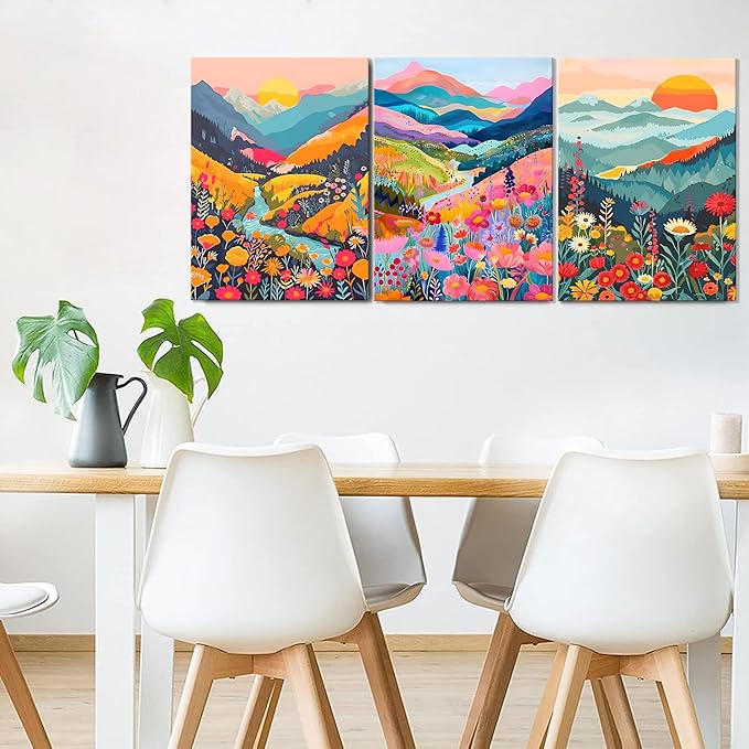 Colorful Watercolor Mountain Canvas Wall Art Set of 3 Boho Flower Picture Wall Decor Abstract Nature Landscape Artwork Paintings Posters Print for Living Room Bedroom Office 24x16In Framed