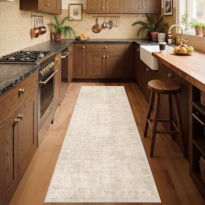 Homemate Washable Rug 2x6 Area Rugs - Vintage Faux Wool Rugs for Living Room Bedroom Dining Room - Non Slip Foldable Carpet Indoor Area Rug for Home Decor（2'x6', Beige