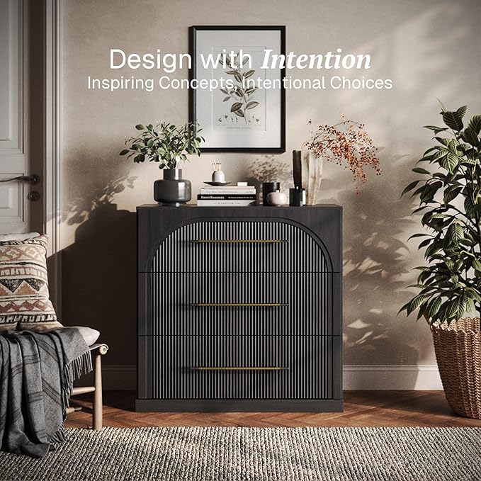 BELLEZE Fluted Modular Sideboard Cabinet, Classic Modern Buffet Cabinet with 3 Drawers, Accent Credenza Storage Cabinet for Dining Room Living Room Entryway (Ebony)