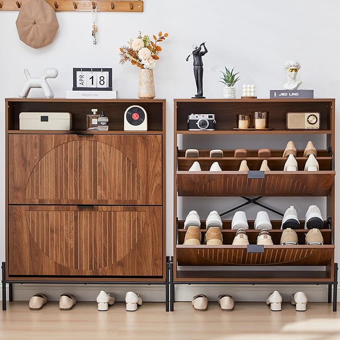 FurSch Fluted Shoe Cabinet with 2 Flip Drawers, Slim Freestanding Hidden Shoe Cabinet Organizer, Narrow Shoes Storage Rack for Entryway (All Walnut-2 Drawers, 9.45" D x 31.5" W x 41.93" H)