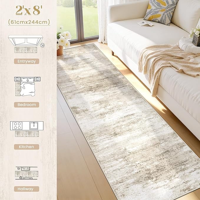 Washable 2x8 Runner Rug for Hallway: Kitchen Runner Non Slip Neutral Soft Abstract Modern Low Pile Stain Resistant Carpet Runner for Entryway Bedroom Bathroom Laundry Indoor Floor (Beige, 2'x8')