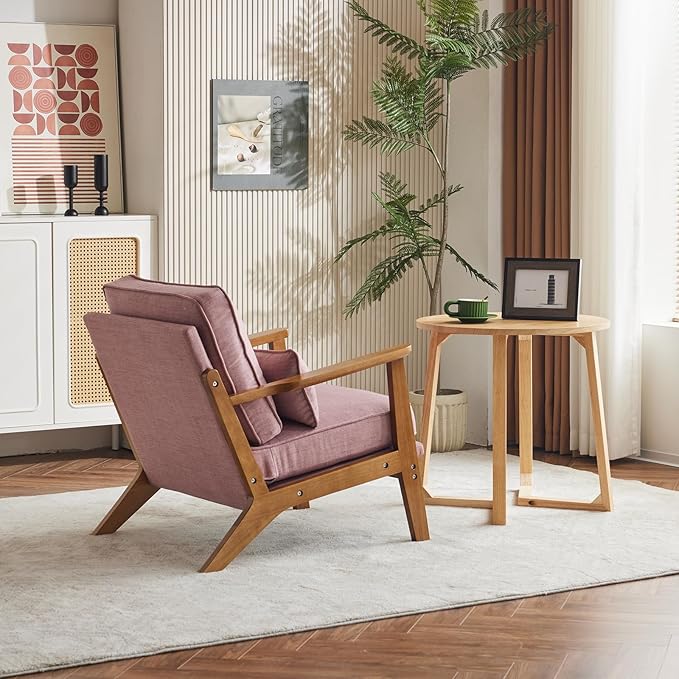 Karl home Accent Chair Wide Armrest Mid-Century Lounge Chair Linen Fabric Armchair with Lumbar Pillow & Solid Wood Frame for Living Room, Bedroom, Balcony, Pink