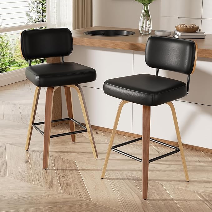 Swivel Bar Stools Set of 3, 26" Upholstered Faux Leather Counter Height Barstools with Walnut Back & Bentwood Legs, Mid Century Modern Bar Chairs Island Stools for Kitchen Counter, Black