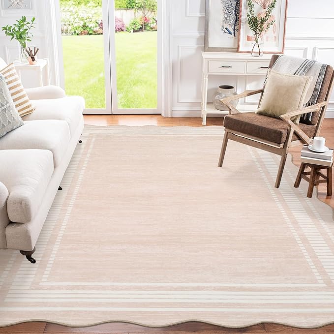 Garvee Washable Rug 8x10 Area Rugs for Living Room Bedroom, Non Slip Low Pile Solid Neutral Soft Carpet, Modern Scalloped Pattern, Faux Wool Floor Mats for Dining Room Home Office, Natural Ivory