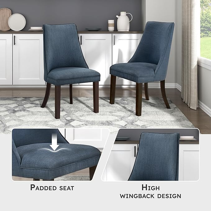 Lexicon Kitchen & Dining Room Chairs, Dining Chairs Set of 2, Fabric Upholstered Dining Chairs, Rubberwood Armless Dining Chairs with Curved Back, Modern Dining Chair, Easy Assembly, Blue Gray