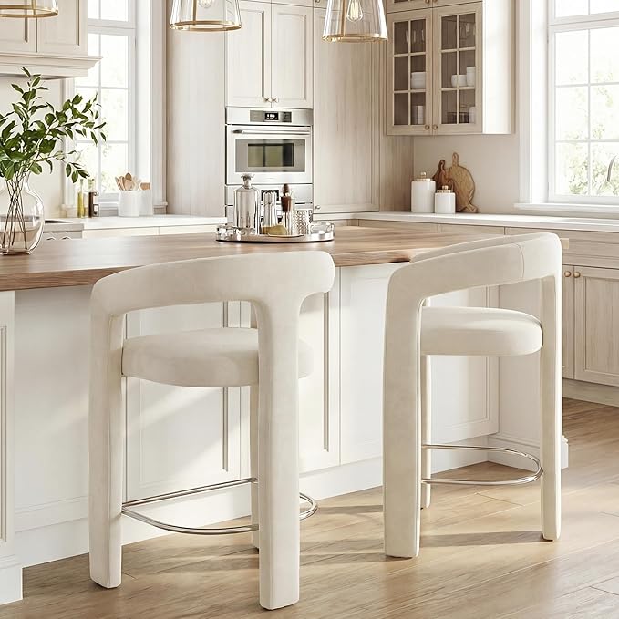 HNY 26 Inch Velvet Modern Tall Barrel Bar Stools Set of 2, Upholstered Barstools with Open Backs, Counter Height Bar Stools Chairs with Armrest for Kitchen Island, White