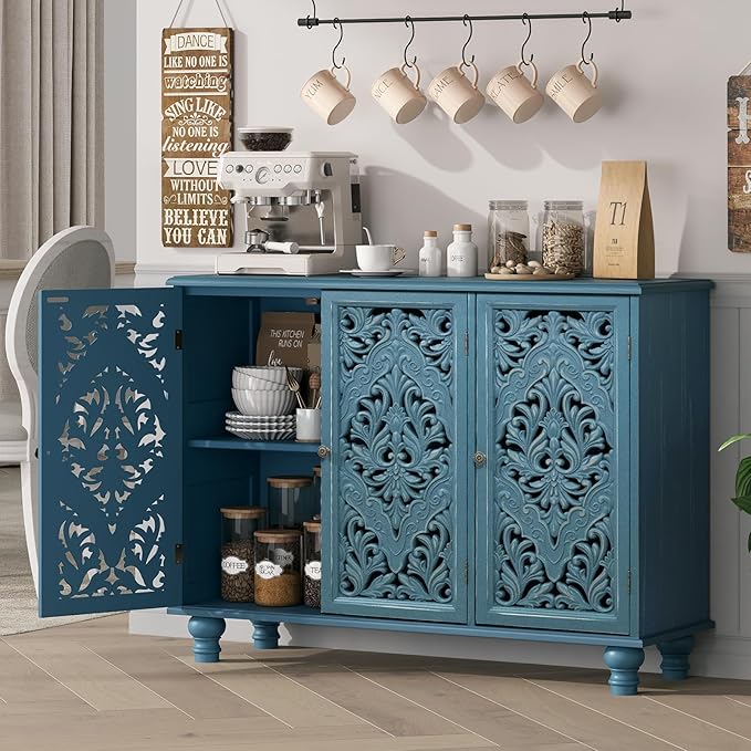 JOINICE Accent Cabinet with 3 Carved Doors, Distressed Blue Sideboard Buffet with Storage & Solid Wood Legs, 43" Vintage Console Table for Living Room, Entryway, Coffee Bar, Hallway