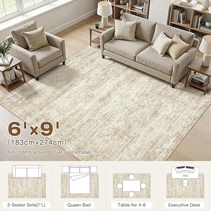 cotiled Large Area Rugs for Living Room 6x9, Machine Washable Rugs with Non Slip Backing Modern Neutral Abstract Rugs Stain Resistant Distressed Carpets for Home Office Decor (6x9 Beige/Brown)