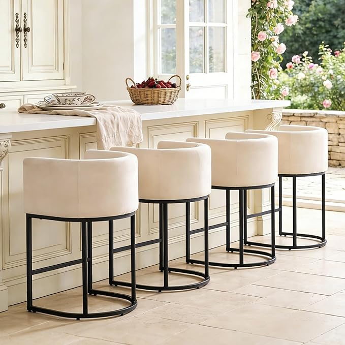 ClinQ 26" H Counter Height Bar Stools Set of 3, Modern Barrel Counter Stools with Backrest and Arms, Black Metal Frames, Linen Fabric Upholstered Accent Barstools for Kitchen Island,Linen Color