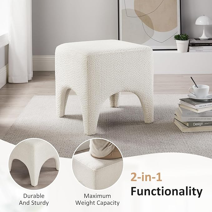17" Boucle Modern Square Foot Stool Ottoman, Vanity Stool for Makeup, Rectangle Foot Rest for Couch, Upholstered Ottoman Stool for Living Room, Bedroom, Entryway (1, White)