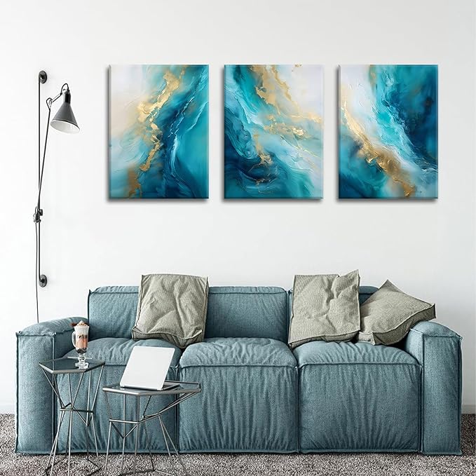 Teal Gold Canvas Wall Art Set of 3 Abstract Aqua Blue Gold Marble Fluid Wall Decor Pictures Neutral Modern Minimalist Posters Prints for Living Room Bedroom Home Decoration 16x24in