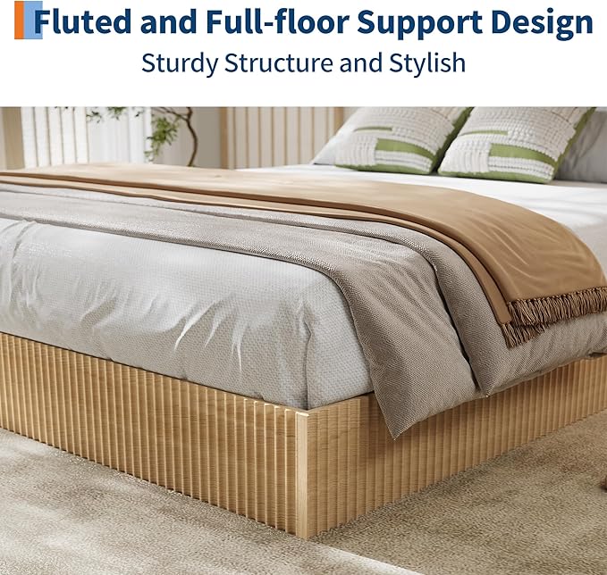 Garvee California King Bed Frame, Wood Platform Bed with Fluted Design, Low Profile BedFrame, Minimalist Bed Base with Noise-Free, Easy Assembly, No Box Spring Needed, Natural