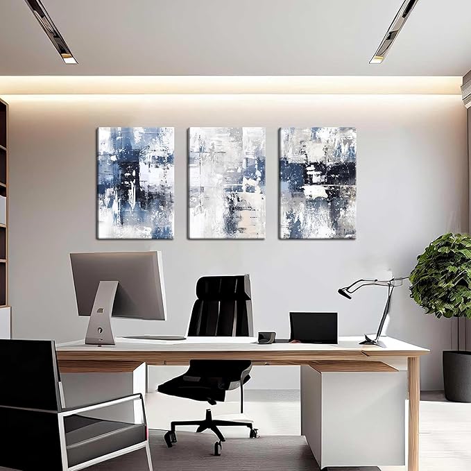 Abstract Blue and White Wall Art Set of 3, Modern Simple Navy Framed Canvas Prints Poster, Gray Painting Picture for Living Room, Bedroom, Office Wall Decor 12x16 Inch