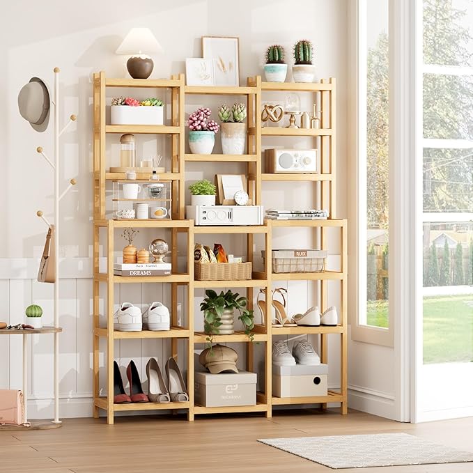 FOTOSOK Bamboo Shelf, 7 Tier Plant Stand Indoor, 3 Row Ladder Shelf, Bookshelf and Bookcase, Plant Shelves with Adjustable, Corner Display Stands, Flower Stand for Living Room Balcony Kitchen Natural