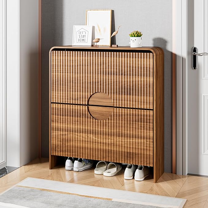 Slim Shoe Storage Cabinet for Entryway, Narrow Shoe Cabinet with 2 Tier Flip Drawers Doors, Fluted Hidden Shoe Rack Organizer for Entrance, Entry Way, Foyer, Hallway, Walnut, Wooden