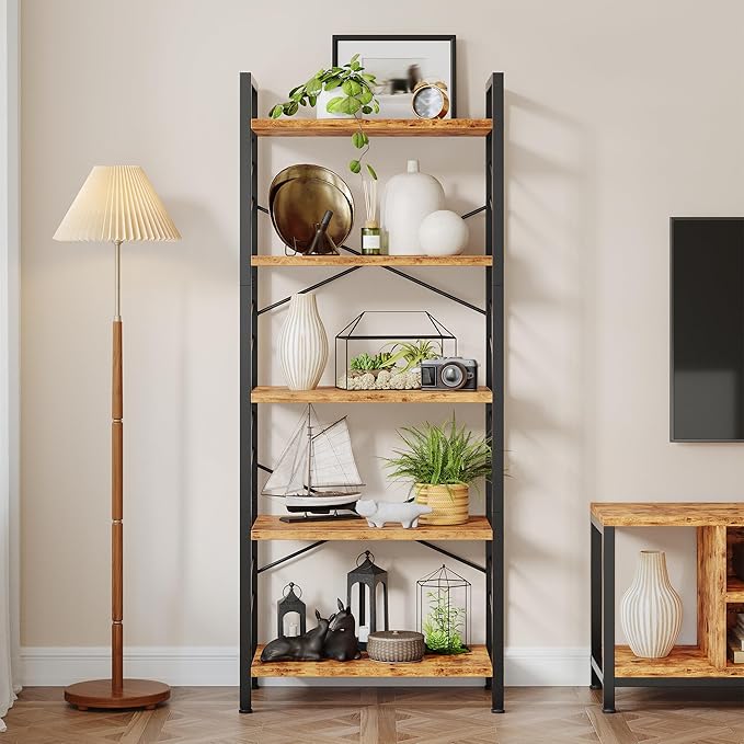 DurayLoly Book Shelf, Industrial 5 Tier Tall Bookshelf, Modern Display Storage Shelves with Metal Frame and Sidebars, Bookcase for Bedroom, Living Room and Home Office, Rustic Brown