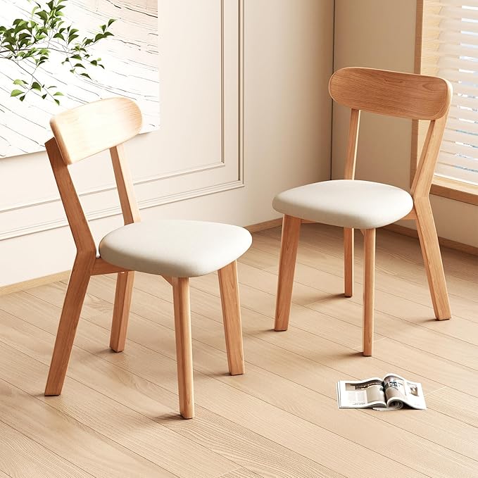 Dining Chairs Set of 2 Mid-Century Modern Oak Upholstered Scandinavian Solid Wood Kitchen & Dining Room Chairs with Curved Backrest Sillas de Comedor for Dining Table(Original/Beige)