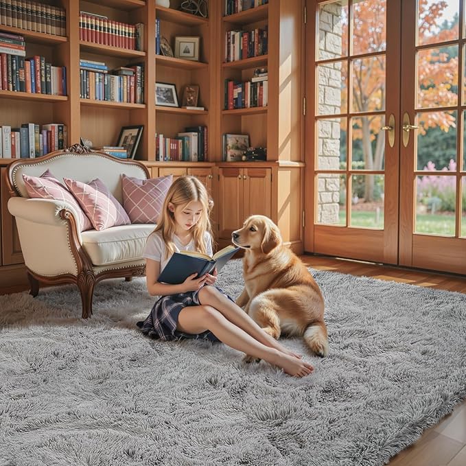 Area Rugs 9x12 Living Room, Large Area Rug Shag Shaggy Carpet Soft Plush Furry Bedside Rug, Machine Washable Area Rugs for Bedroom Kids Girls Boys Home Decor Anti Slip(9 x 12, Light Grey)