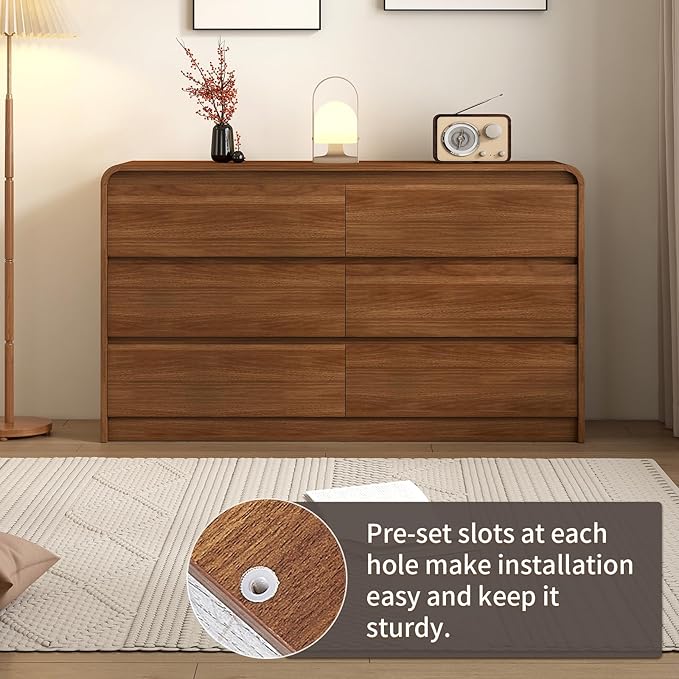 Messenya Modern 6 Drawer Dresser, 55-Inch Wood Chest of Drawers, Curved Anti-Collision Design, Mid-Century Storage Cabinet, Pre-Embedded Slots, Natural Texture, for Bedroom, TV Stand (W-55IN)