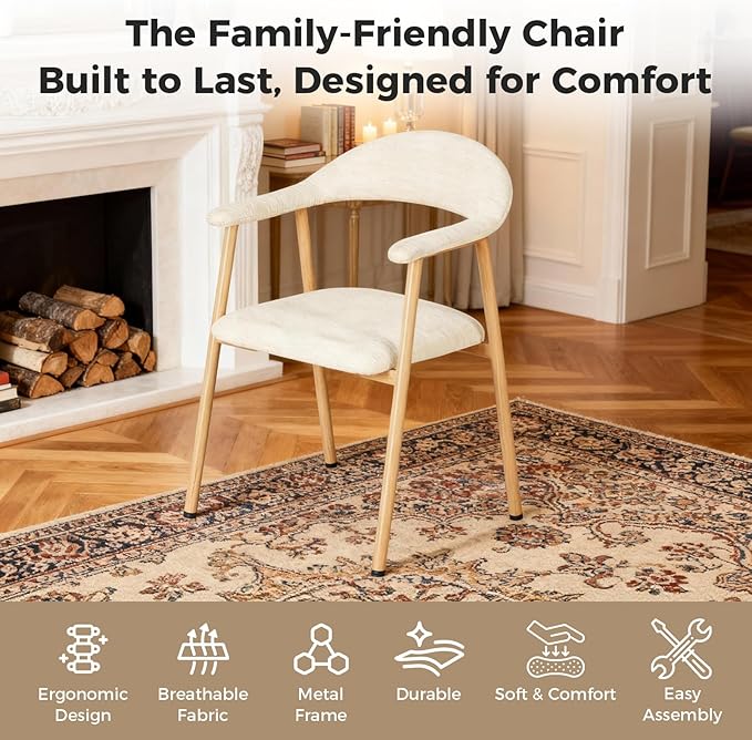DUMOS Set of 2 Beige Linen Fabric Upholstered Dining Chairs, Modern Farmhouse Kitchen Side Chairs with Curved Backrest and Metal Legs, Accent Chairs for Dining Room, Restaurant, Cafe