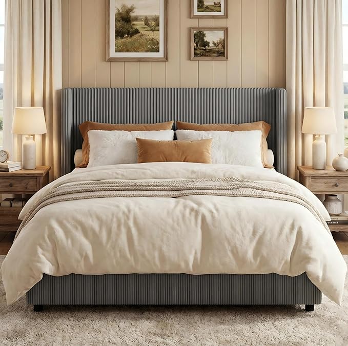 IDEALHOUSE King Size Upholstered Platform Bed Frame with Storage Drawers, Corduroy Wingback with Tufted Headboard and Footboard, No Box Spring Needed, Grey | Storage Drawers