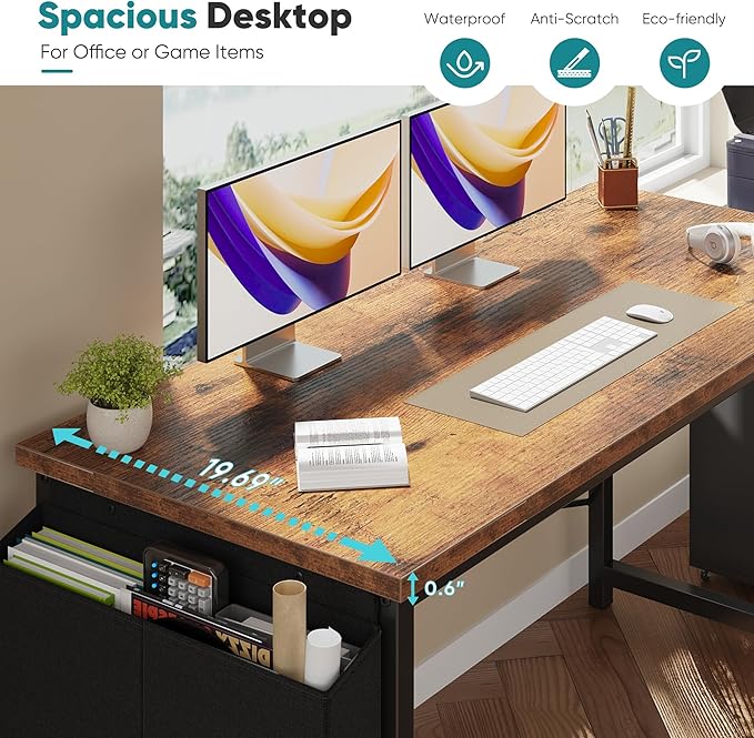 OLIXIS Computer Desk 47 Inch Home Office Desks for Small Spaces, Gaming Writing Study Work Table with Storage Bag and Headphone Hook for Bedroom, Rustic Brown