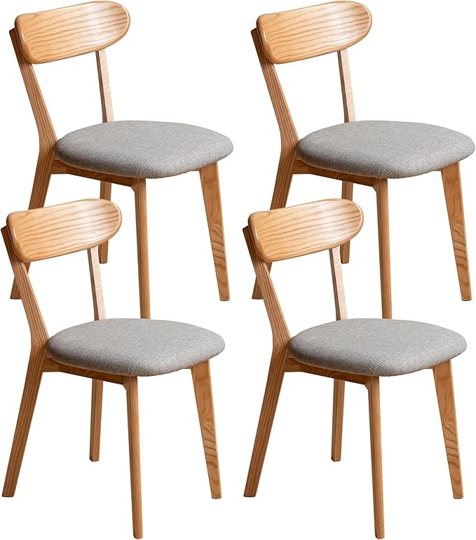 Modern Solid Wood Dining Chair Set of 4, Kitchen Dining Room Chair with Upholstered Cushion and Seat Cover, Curved Backrest, 100% FAS Grade North America Oak Wood, Natural