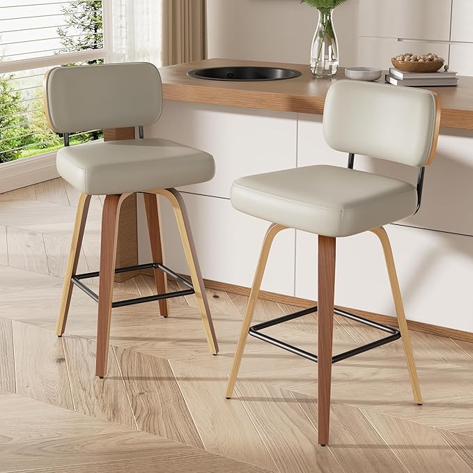 Swivel Bar Stools Set of 2, 26" Upholstered Faux Leather Counter Height Barstools with Walnut Back & Bentwood Legs, Mid Century Modern Bar Chairs Island Stools for Kitchen Counter, Beige Grey
