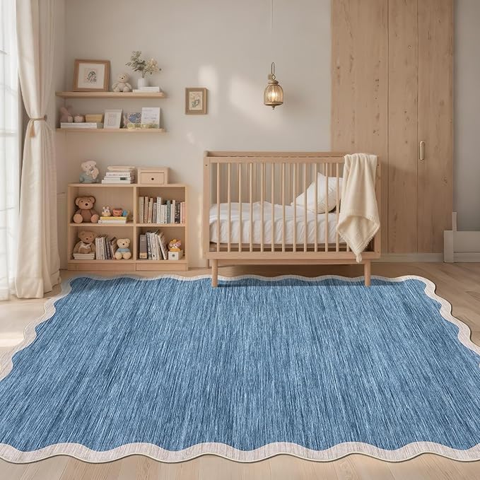 GarveeHome Scalloped Washable Area Rugs 5x7 Rug for Living Room Modern Non Slip Throw Rugs Blue Rug Soft Bedroom Rugs Non Shedding Low Pile Stain Resistant Carpet for Dining Room Nursery 5'x7' Blue
